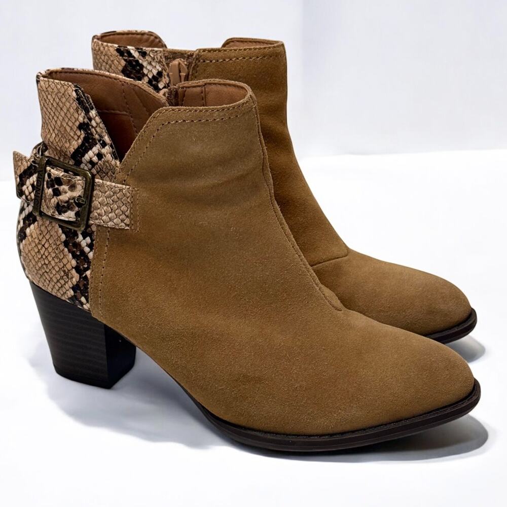 Vionic Naomi Brown Suede Ankle Boots Sz 6 Snake Print Block Heel Zip Up Orthotic